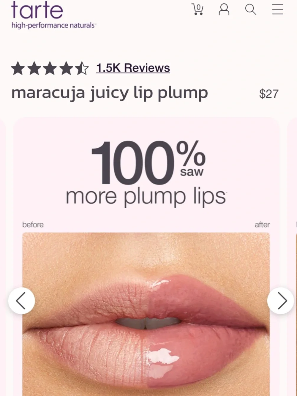 tarte Maracuja Juicy Lip Plump — glossy blushed pink